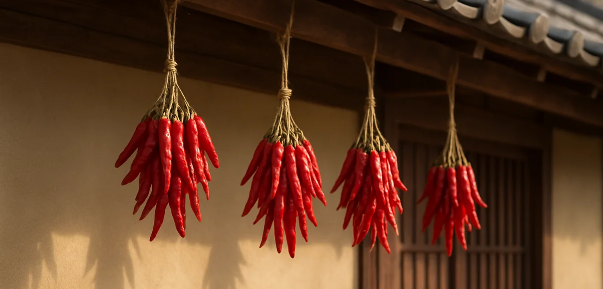 Bunches of red chillies tied with string and hung to dry under the eaves of a japanese house, dry au