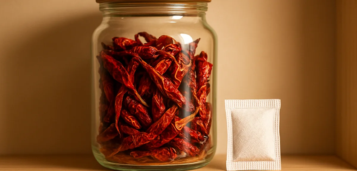 Dried red chillies stored in a sealed glass jar on a kitchen shelf beside a desiccant packet, warm i