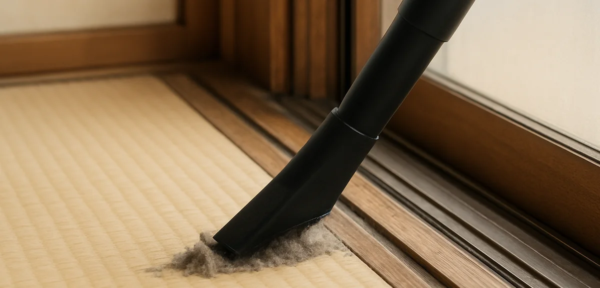 A vacuum nozzle cleaning dust out of a sliding door rail groove in a japanese room, close up dayligh