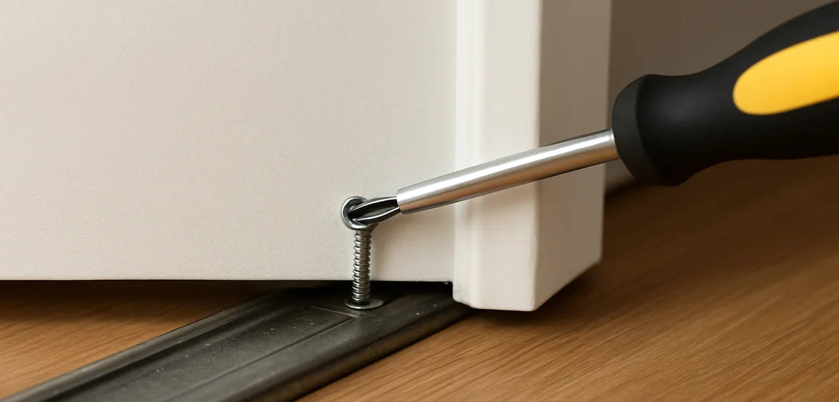 A screwdriver adjusting a small screw on the bottom edge of a sliding door, close up with the rail v