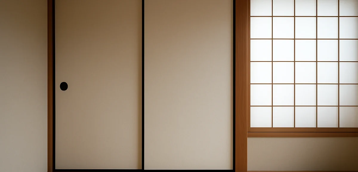 A smoothly closed sliding door in a japanese room with even gaps at top and bottom, soft daylight fr