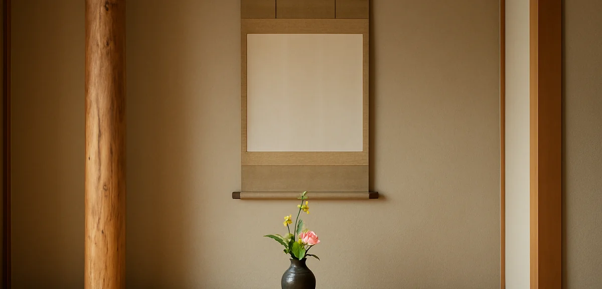 A japanese room alcove with a hanging scroll and a simple flower arrangement on the raised wooden fl