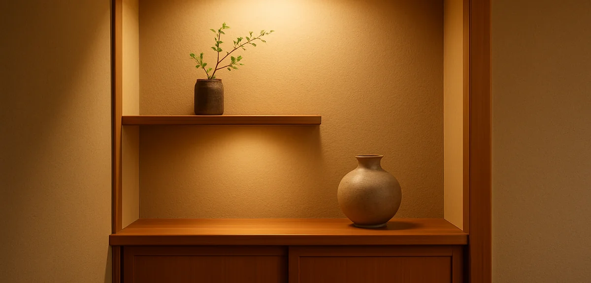 Close up of staggered display shelves in a japanese alcove side space with a small connecting post b