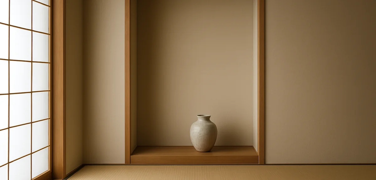 A simple modern japanese alcove without a raised step, flush with the tatami floor, holding a single