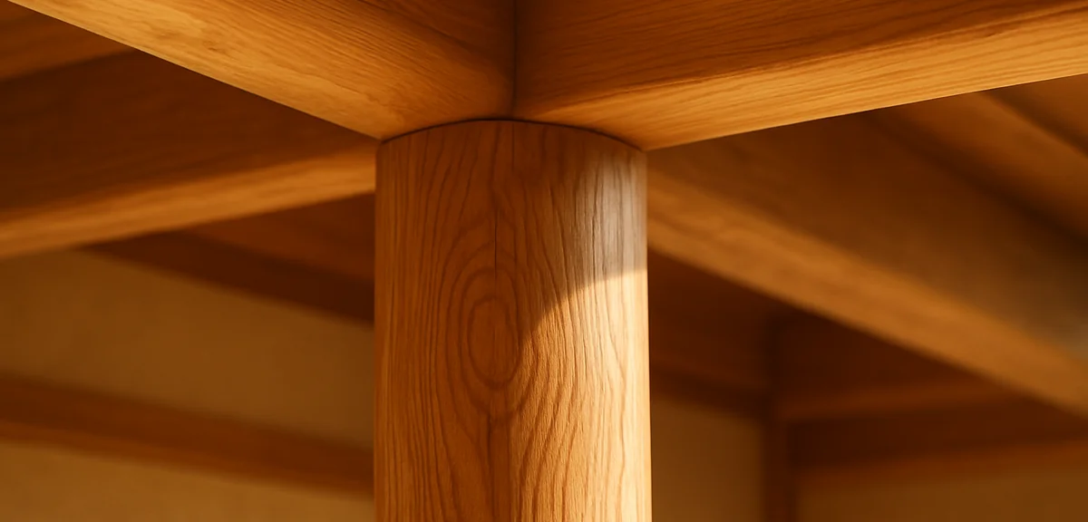 Detail of a polished natural log pillar meeting a horizontal wooden member at the top of a japanese