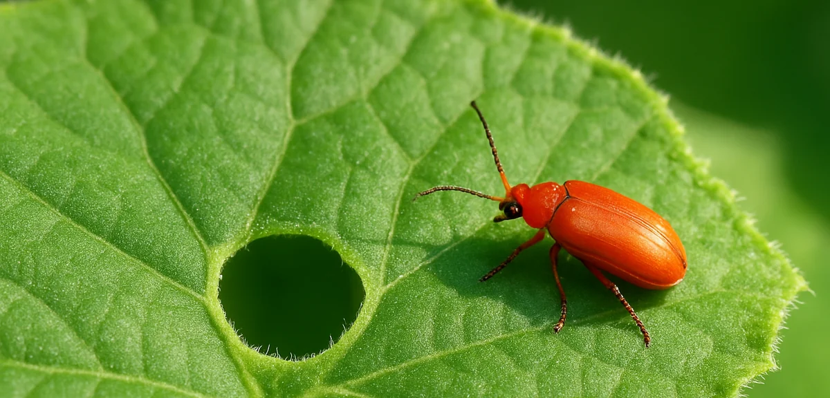 A small orange beetle about eight millimetres long resting on a green cucumber leaf beside a perfect