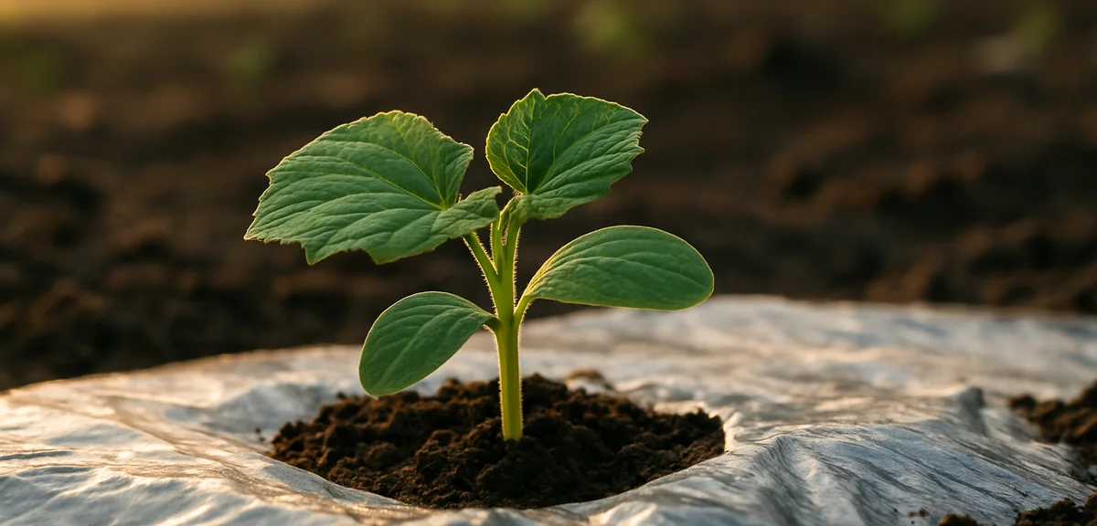 A young cucumber seedling in a garden bed with silver reflective mulch spread around its base, early