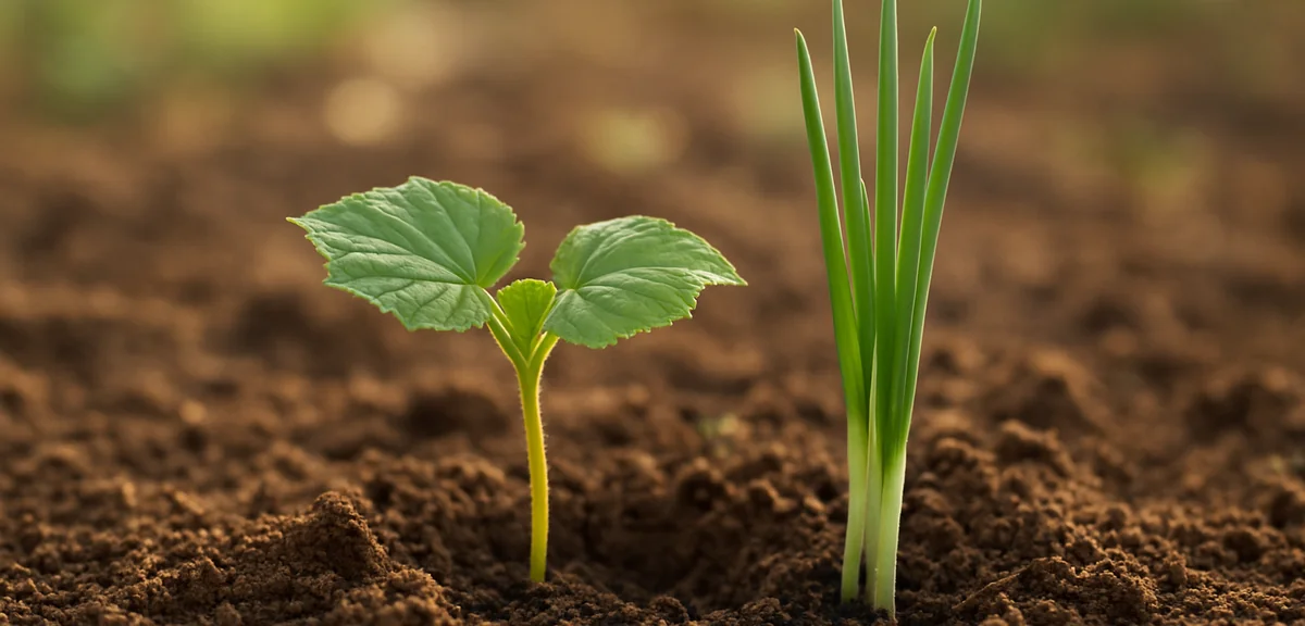 A cucumber seedling planted with spring onions growing immediately beside it in the same hole, home