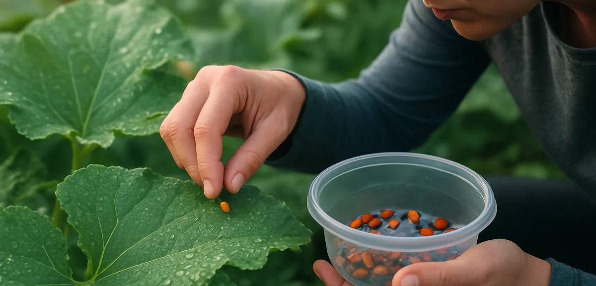 A gardener in early morning gently collecting small orange beetles from squash leaves into a contain